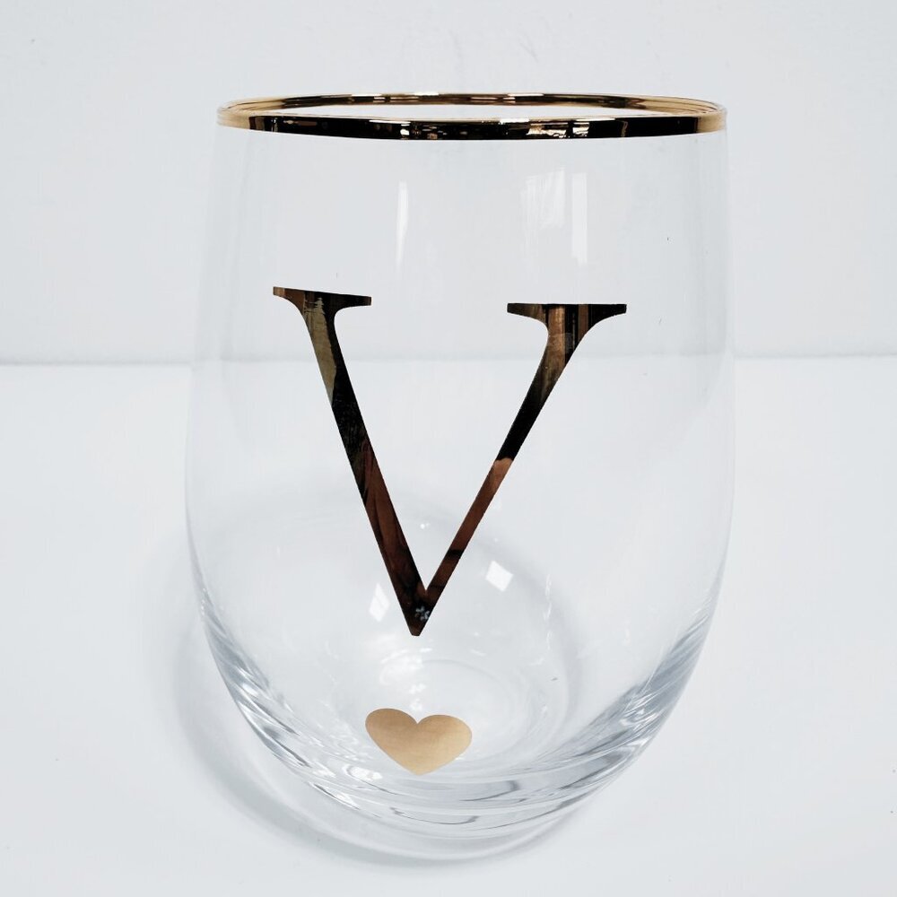 Gold Monogram V Wine Glass Stemless Gold Rim 15 oz Hostess Gift